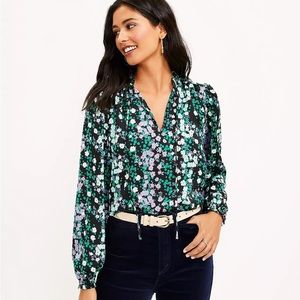 EUC Loft Floral Ruffle Tie Neck Mixed Media Blouse